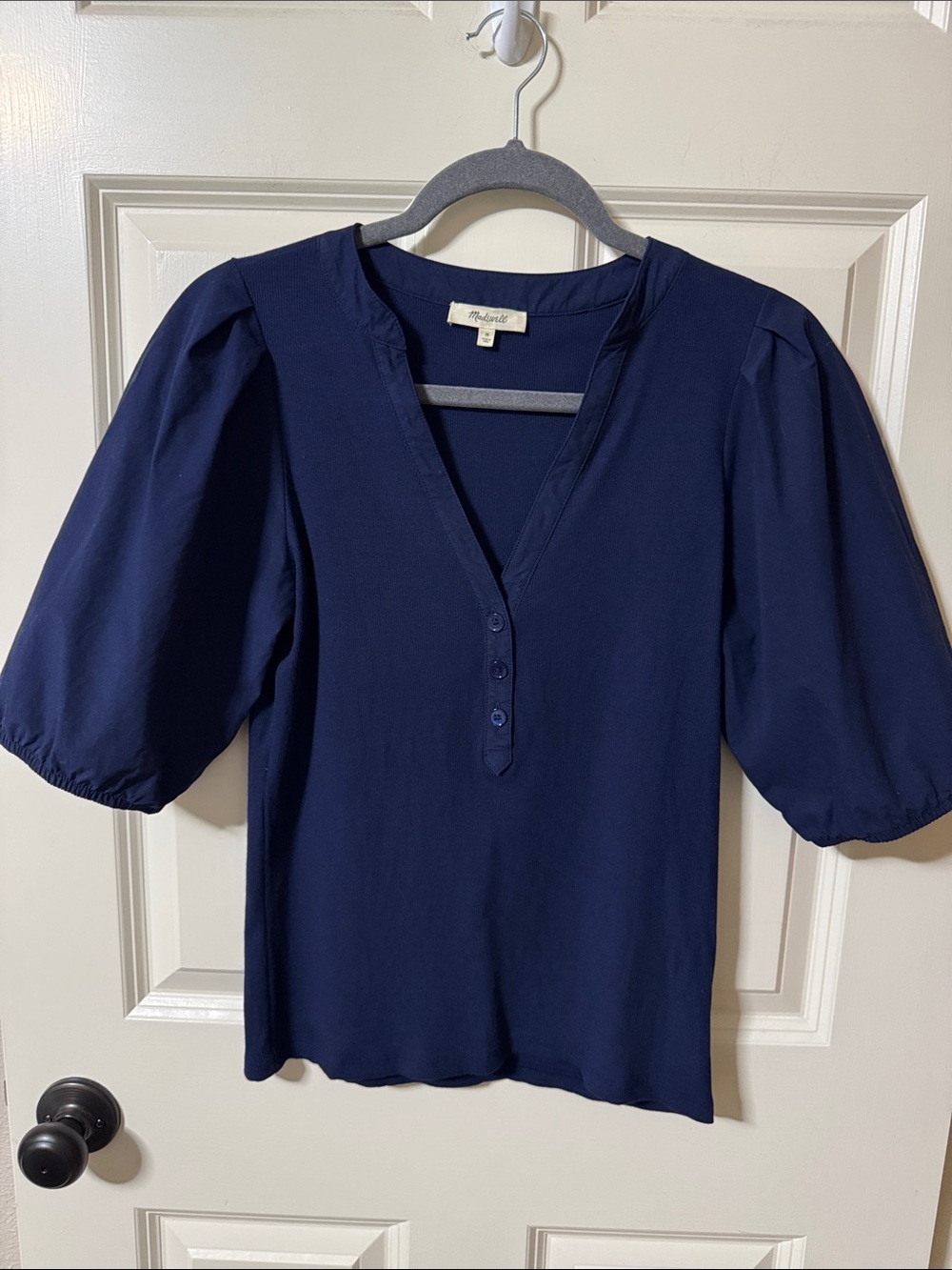 Madewell Navy V-Neck Puff Sleeve Henley Blouse